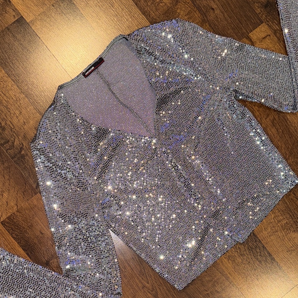Love Culture Sparkling Silver Sequin Cropped Jacket / Cardigan (small, see ad) - Picture 3 of 14